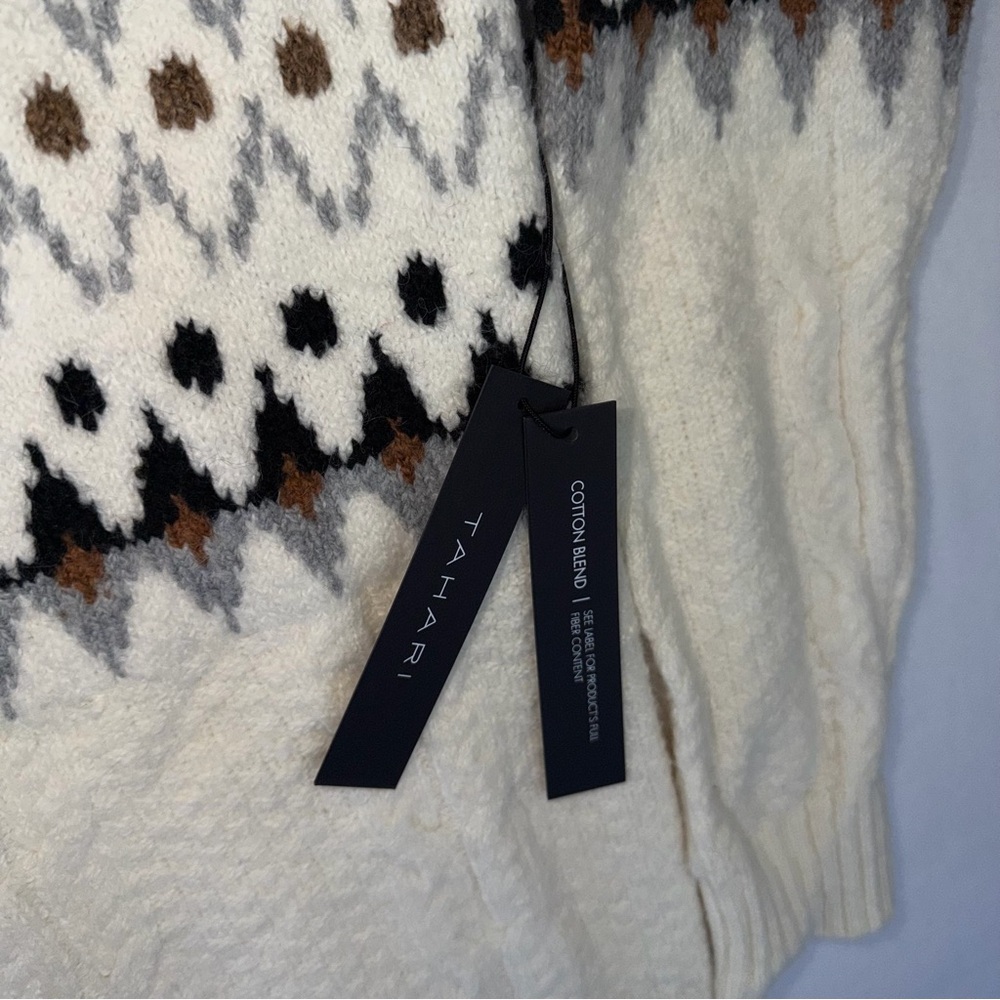 Tahari Fair Isle Turtleneck Sweater Ivory Knit XS Cozy Winter Oversized - Picture 8 of 9